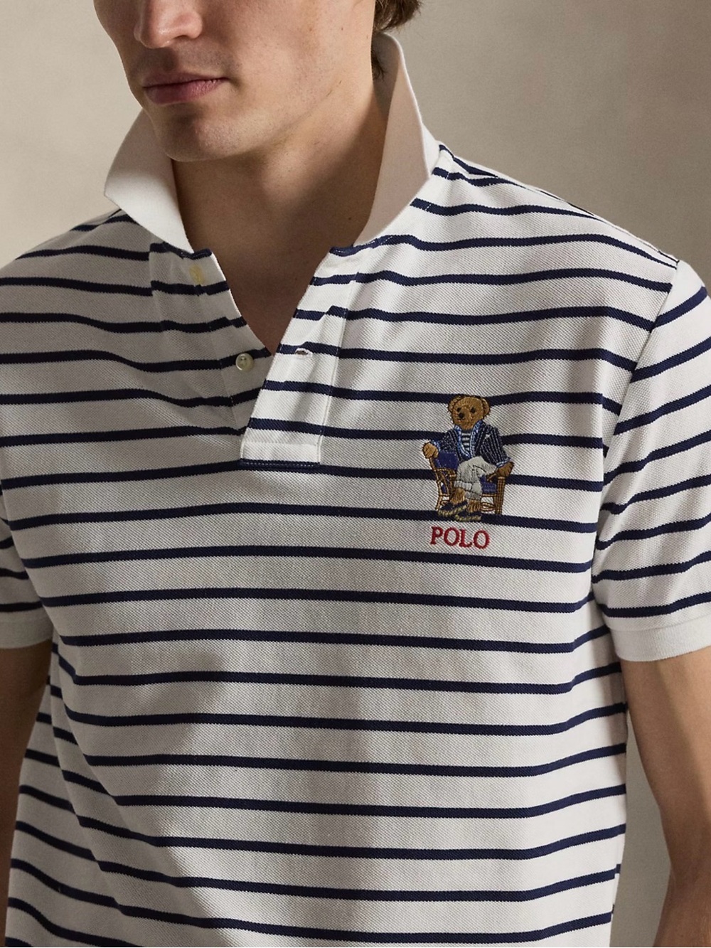 🔥Polo Ralph Lauren Custom Slim Fit Polo Bear Polo Shirt. White/Navy, 2XL NWT🏷️🐻